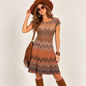 Sharagano Womens 6 Chevron Crochet Knit Dress Brown Boho 70s Retro Festival New